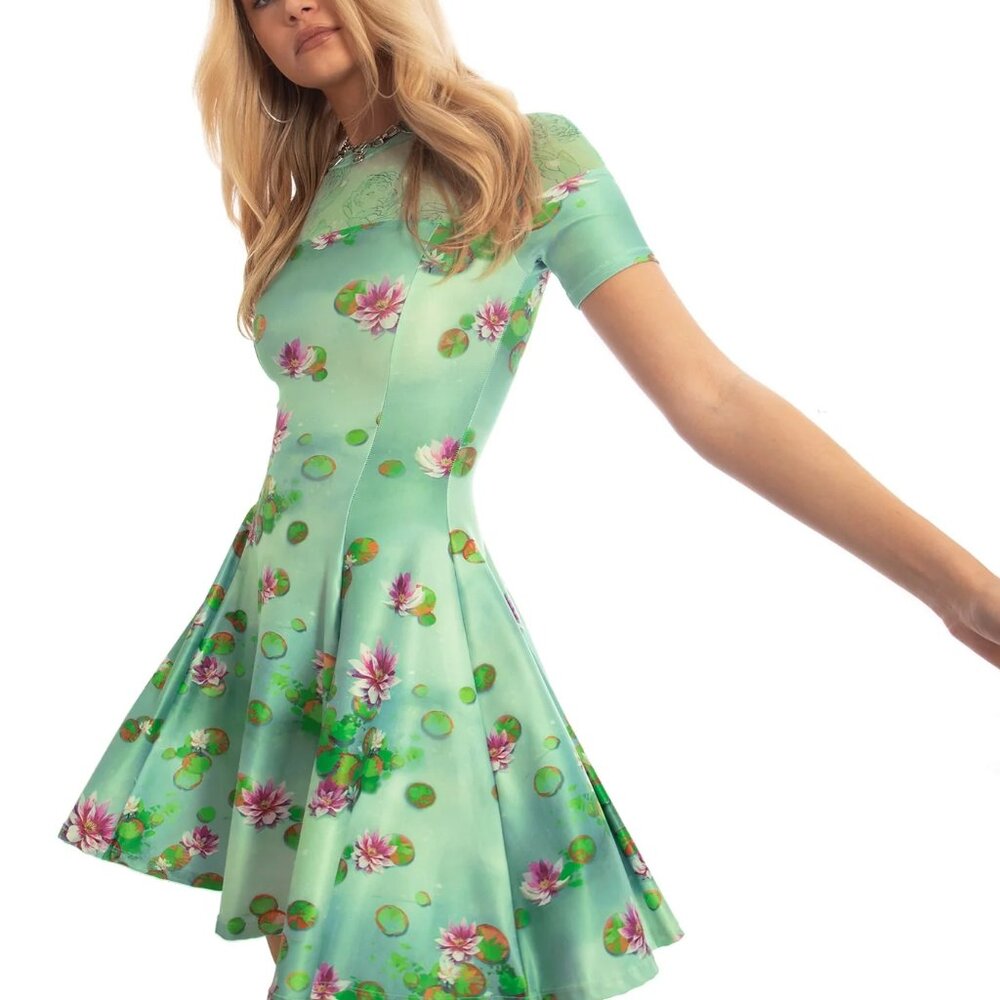 BlackMilk Sanity Check Sheer Splice Dress Fit Flare floral water lily zs S New - Picture 11 of 14